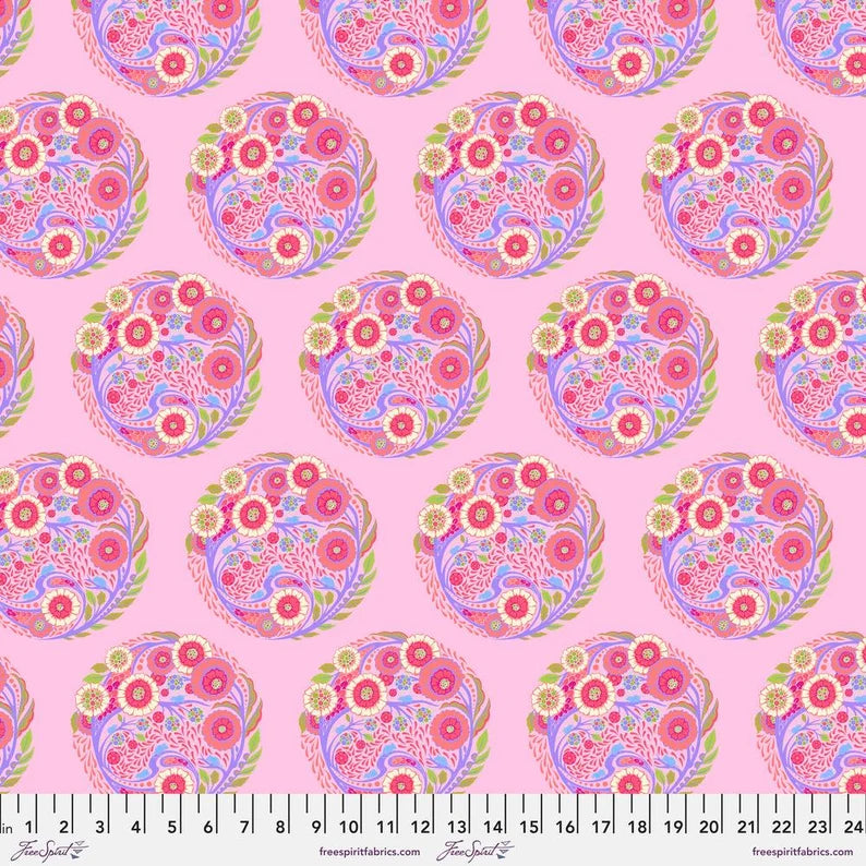 This pink fabric from Tula Pink is adorable and is covered with circles filled with flowers, leaves and designs. Light pink background that looks like strawberry milk! 