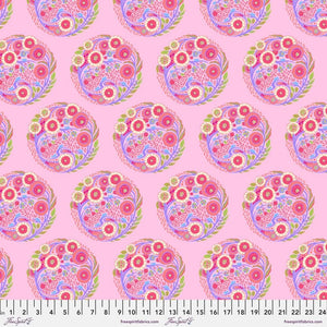 This pink fabric from Tula Pink is adorable and is covered with circles filled with flowers, leaves and designs. Light pink background that looks like strawberry milk! 