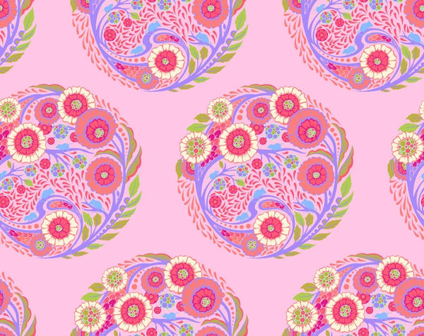 This pink fabric from Tula Pink is adorable and is covered with circles filled with flowers, leaves and designs. Light pink background that looks like strawberry milk! 