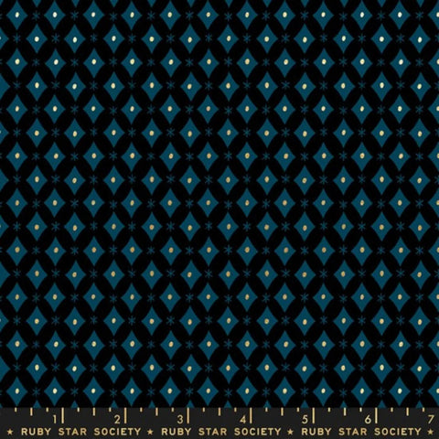 This fabric from Ruby Star Society is designed by Melody Miller for Moda. This fabric is covered in blue diamond shapes over a dark navy background. The diamond shapes have little gold dots in the middle to add visual interest. Beautiful and simple design with a little twist due to the gold! Who doesn't love a little glimmer to catch the eye?