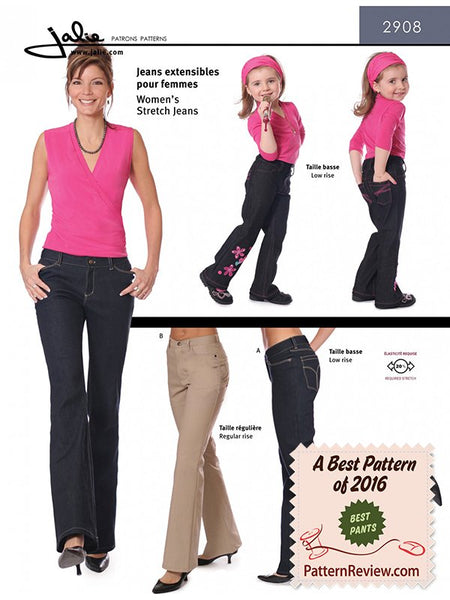 Women's flattering stretch jeans with slim fit through the hips and thigh and a flared leg, back and side front pockets, zip fly with button closure. View A has a low rise (2-3 inches below the navel) and View B has a regular rise (at the navel).