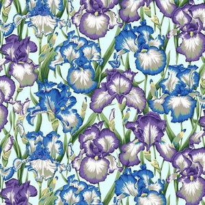 Bearded Iris in purple, blue, white and green on a light blue background by Philip Jacobs for Kaffe Fassett Collective.  100% Cotton, 44/5"