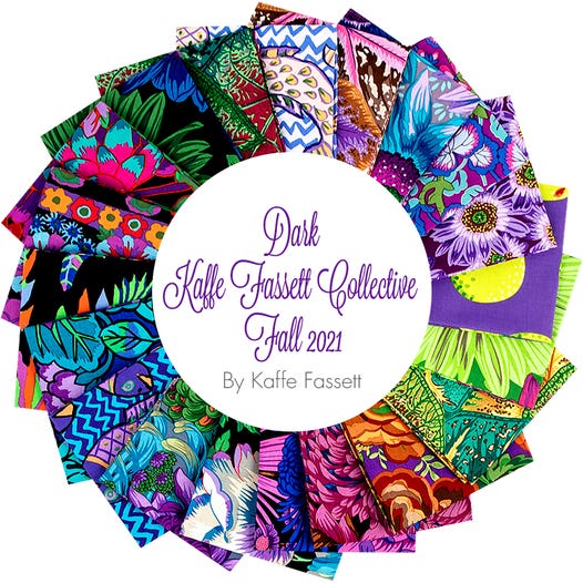 Kaffe Fassett Collective Fall 2021 Dark Fat Quarter Bundle includes 20 fat quarters    This fat quarter pack is the perfect mix of simple but incredibly graphic prints! Famous for the colorful florals, this fat quarter pack is sure to impress. This pack includes an array of the darker prints from kaffe, but has pops of color. 