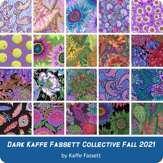 Kaffe Fassett Collective Fall 2021 Dark Fat Quarter Bundle includes 20 fat quarters    This fat quarter pack is the perfect mix of simple but incredibly graphic prints! Famous for the colorful florals, this fat quarter pack is sure to impress. This pack includes an array of the darker prints from kaffe, but has pops of color. 