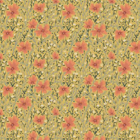 This beautiful fabric is from the I'll watch you fly collection from Cotton and Steel. Designed by Lettie Mae. The background is a rich mustard yellow with orange peachy flowers that are surrounded by dark green and sage leaves with tiny white flowers. Quilting or crafting, this fabric will be the star of the show!