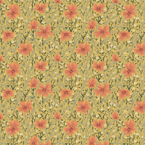 This beautiful fabric is from the I'll watch you fly collection from Cotton and Steel. Designed by Lettie Mae. The background is a rich mustard yellow with orange peachy flowers that are surrounded by dark green and sage leaves with tiny white flowers. Quilting or crafting, this fabric will be the star of the show!