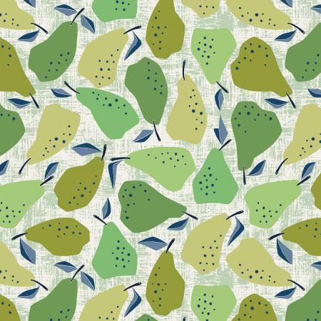 Under the Apple Tree - Quince- Green Fabric  100% cotton print fabric. Machine Wash Cold. Dry Low. Great for quilting and other cotton print projects.  Fruit!! This print is adorable and a perfect addition to anything. These pears are unique and have a lot of character. This print has a certain vintage/retro charm to it! Would make an adorable apron or any other kitchen accessories!