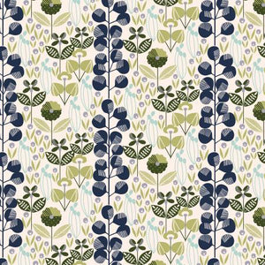 This playful fabrics is covered in greens and blues. Leaves, flowers and berries! Designed by Megan Carter for Cotton and Steel Penny Cress Garden Collection.   100% Cotton. 
