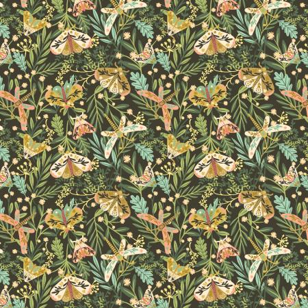 This fabric is from Cotton and Steel and is covered in beautiful bugs with greenery tossed over a black background. Each bug is a little different and has beautiful intricate wings. 
