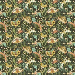 This fabric is from Cotton and Steel and is covered in beautiful bugs with greenery tossed over a black background. Each bug is a little different and has beautiful intricate wings. 