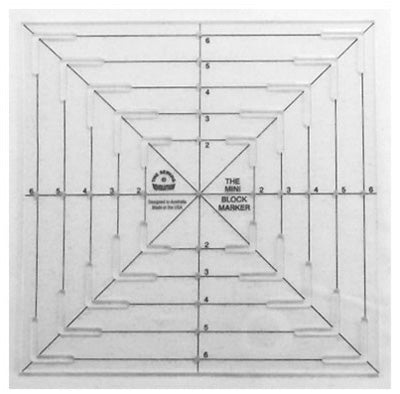 The Mini Block Marker is the smallest of the Block Marker Triology and again differs from other quilting squares as it measure from the centre point out which can be marked through the ruler. This ruler can be used to fussy cut squares. 