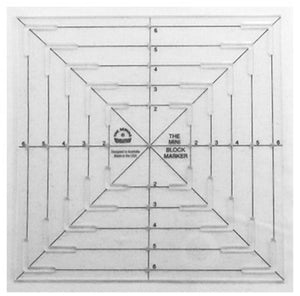 The Mini Block Marker is the smallest of the Block Marker Triology and again differs from other quilting squares as it measure from the centre point out which can be marked through the ruler. This ruler can be used to fussy cut squares. 