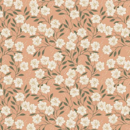  This beautiful fabric is covered in delicate white flowers with little green leaves. The background is a peachy orange, and the flowers have yellow and gold lines on each petal. 