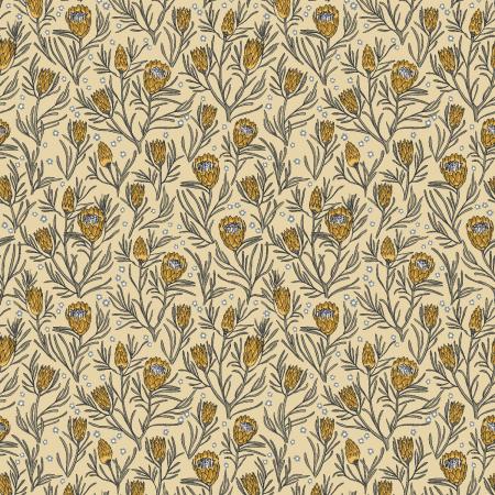  This fabric is covered in feathery flowers that are golden yellow. The background is a light buttery yellow. The leaves look like rosemary sprigs and are a similar green color. 