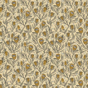 This fabric is covered in feathery flowers that are golden yellow. The background is a light buttery yellow. The leaves look like rosemary sprigs and are a similar green color. 