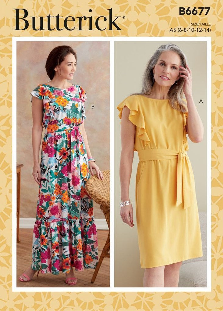 Semi-fitted, sleeveless dress has elasticized waist, back opening with button and thread loop closure, side slant pockets, and sash. Purchased bias tape for neck and armhole finish.