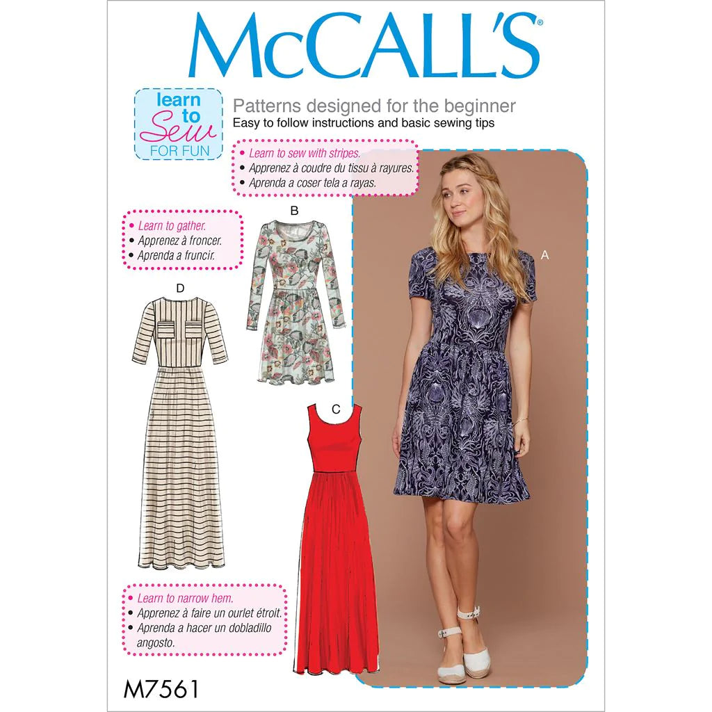Misses' dress for knit fabrics. Customize sleeve length and hem length. This is a great pattern for beginners!