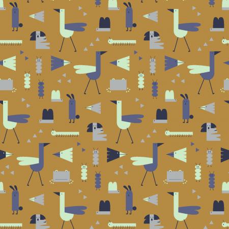 Among Flowers is an abstract collection from Puebla Estudio and printed in Japan. This bright fabric is covered in abstract animals in wild colors! Seafoam green, mid blue, grey, black and a raw umber background. These animals are made up of all kinds of shapes and the little faces give it so much character! Pair this with another fabric from this awesome "Among Flowers" collection.