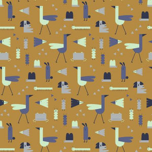 Among Flowers is an abstract collection from Puebla Estudio and printed in Japan. This bright fabric is covered in abstract animals in wild colors! Seafoam green, mid blue, grey, black and a raw umber background. These animals are made up of all kinds of shapes and the little faces give it so much character! Pair this with another fabric from this awesome "Among Flowers" collection.
