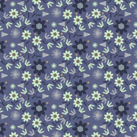 Among Flowers is an abstract collection from Puebla Estudio and printed in Japan. This fabric is covered in geometric flowers in a blue and seafoam green color palette. This fabric pair perfectly with the other fabric from this awesome "Among Flowers" collection. A very pretty muted periwinkle background makes this fabric perfect for any gender. Add it to a baby quilt, or make your next favorite bag with it! 