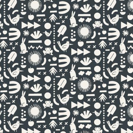 Among Flowers is an abstract collection from Puebla Estudio and printed in Japan. This fabric is covered in funny shapes and animals with big suns scattered throughout. All the shapes are white, and the background is a dark navy blue. This fabric pairs perfectly with the other fabric from this awesome "Among Flowers" collection. Add it to a baby quilt, or make your next favorite bag with it! 