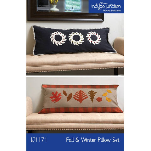 Add seasonal decor to your home this Fall and Winter. Two unique designs for wool applique - winter wreaths and fall leaves design. Instructions included to create pillow covers to fit 16” square pillow form or a 16” x 38” bench pillow. IJ1171