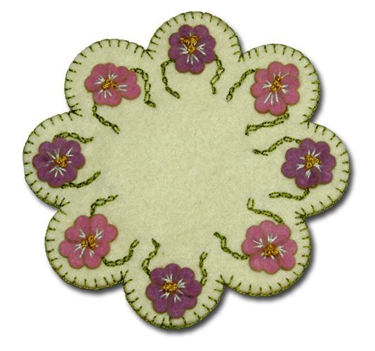 primrose flower is believed to have originated in Central America and has been used for a variety of medicinal purposes. It was brought to Europe in the 17th century. It blooms in cooler weather, typically in early spring. These mats were inspired by the simplicity of the primrose.