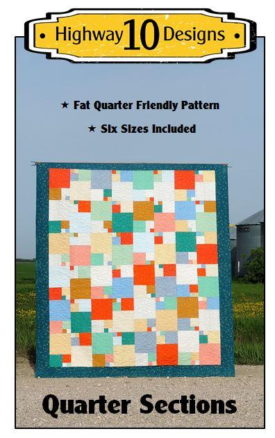 The Quarter Sections quilt evokes memories of flying over the prairies and seeing the patchwork of colourful fields and farmyards. 