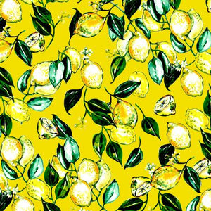 Lemons with green leaves on a yellow background from the Citrus Garden Collection for RJR fabrics.  100% Cotton, 44/5"