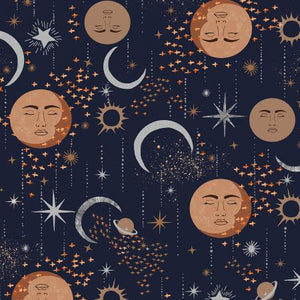 This gorgeous fabric is covered in stars, moons and metallic accents. This fabric would make a perfect addition to any kind of project.   100% Cotton, 44/5"