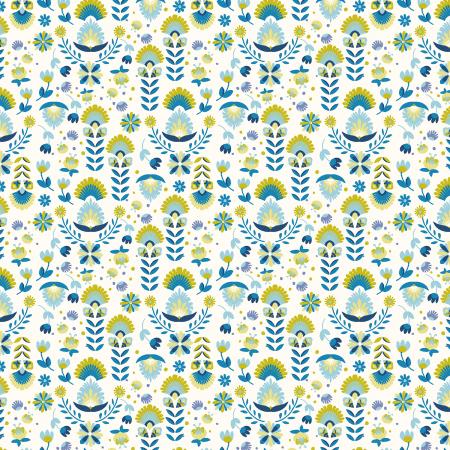 Swan Paraiso Blue and Lime floral fabric. This fabric exudes a mid-century modern floral pattern! Teal, Turquoise, navy and lime greens.   100% Cotton, 44/5".