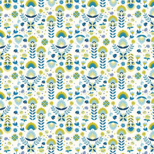 Swan Paraiso Blue and Lime floral fabric. This fabric exudes a mid-century modern floral pattern! Teal, Turquoise, navy and lime greens.   100% Cotton, 44/5".