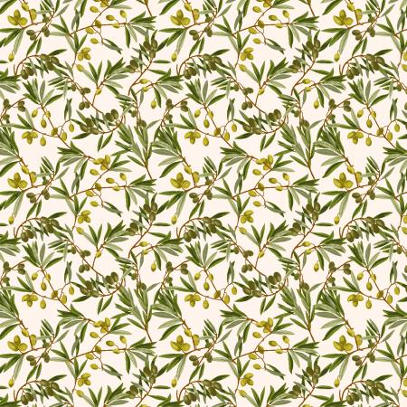 This fabric is covered in Italian olive leaves. The olives are a beautiful olive green and darker sage green. Branches are a light chocolate brown and backing is a little bit off white but can work with bright white or ivory. 100% Cotton, 44/5"
