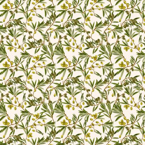 This fabric is covered in Italian olive leaves. The olives are a beautiful olive green and darker sage green. Branches are a light chocolate brown and backing is a little bit off white but can work with bright white or ivory. 100% Cotton, 44/5"
