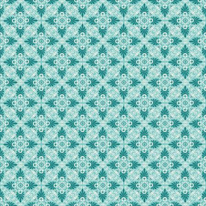 This fabric is from the Viaggio A Venezia collection for RJR and is covered in turquoise tile design. Floral and geometric - tile design is dark turquoise with white detailing on a light turquoise background. 100% Cotton, 44/5"