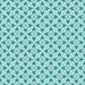 This fabric is from the Viaggio A Venezia collection for RJR and is covered in turquoise tile design. Floral and geometric - tile design is dark turquoise with white detailing on a light turquoise background. 100% Cotton, 44/5"