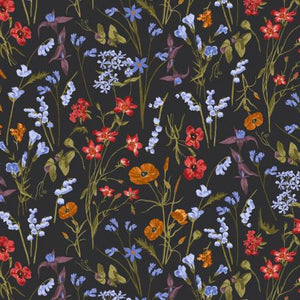 This floral cotton is covered in bright orange poppies with little blue, cranberry and orange flowers and green leaves. All on top of a charcoal black background. Super soft hand - perfect for quilting or any other sewing projects! 
