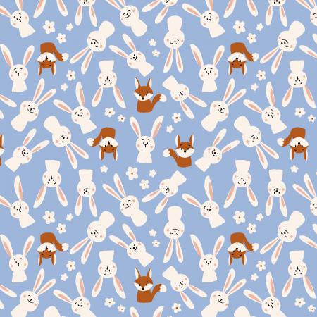 This adorable fabric is covered in bunnies and foxes, all with different expressions! Such a fun fabric to sew with. This would be a great choice for fussy cutting projects. Beautiful cerulean blue background with white bunnies, burnt umber foxes and little white daisies. 