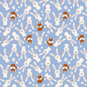 This adorable fabric is covered in bunnies and foxes, all with different expressions! Such a fun fabric to sew with. This would be a great choice for fussy cutting projects. Beautiful cerulean blue background with white bunnies, burnt umber foxes and little white daisies. 