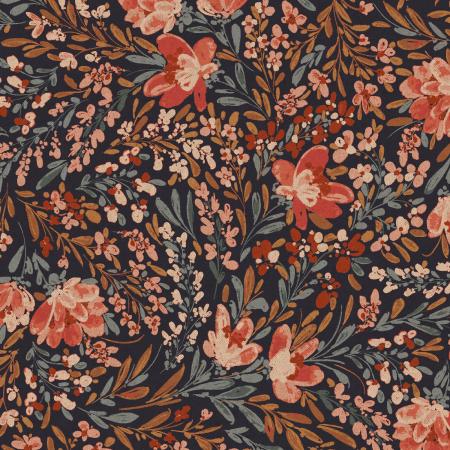 Absolutely stunning RJR Canvas full of flowers and leaves. Navy blue background with rosy colored flowers that are surrounded by blue and umber colored leaves. This is a beautiful floral toss on an unbleached canvas. This fabric can do so many things. From bags to pants to coats, you name it and create it! 100% Cotton, 44/5"