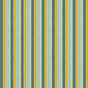 This fabric is from Cotton and Steel and is a vertical stripe that is full of blue, green, yellow and white. Little dots are in each stripe and make it more interesting to look at! 