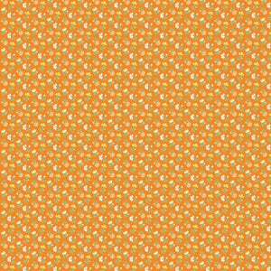 This fabric is from RJR and is full of little flowers over an orange background. Each flower has tiny green petals. The flowers are white and yellow. 