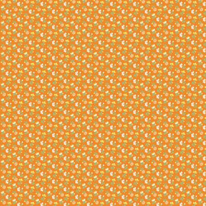 This fabric is from RJR and is full of little flowers over an orange background. Each flower has tiny green petals. The flowers are white and yellow. 