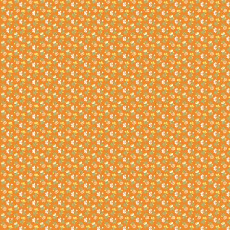 This fabric is from RJR and is full of little flowers over an orange background. Each flower has tiny green petals. The flowers are white and yellow. 