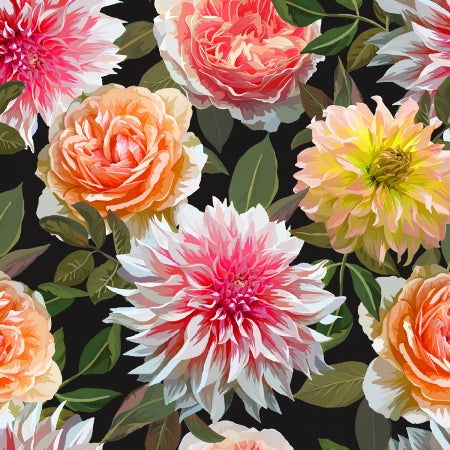 This fabric is covered in bright detailed pink, white and orange dahlias with peach-colored peonies. These flowers are surrounded by green leaves over a black background. The black background really makes the flowers pop! \