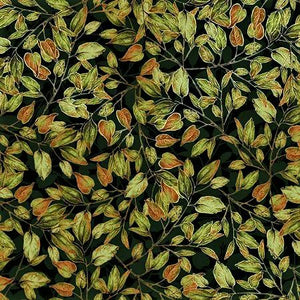 Shades of Autumn Collection with metallic outlines by RJR Studio.  Colorful Foliage and Dancing Leaves patterns available.  100% Cotton, 44/5"