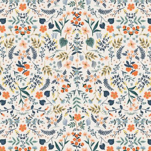 This pretty cotton has bright flowers on it with dark green and dark blue leaves. All over a white background. 100% Cotton, 44/5"