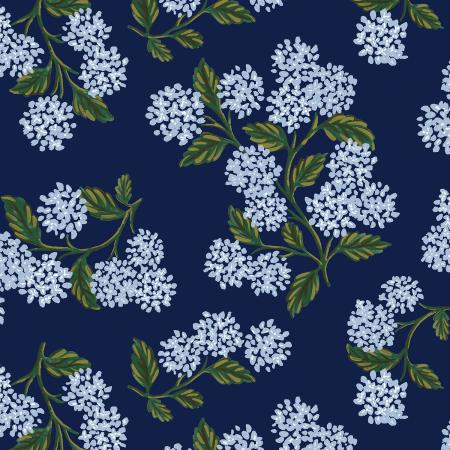 Beautiful hydrangea printed on a navy background.  Cotton/lycra jersey.  60"