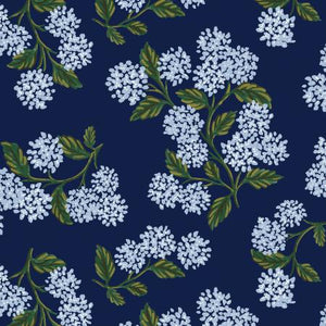 Beautiful hydrangea printed on a navy background.  Cotton/lycra jersey.  60"