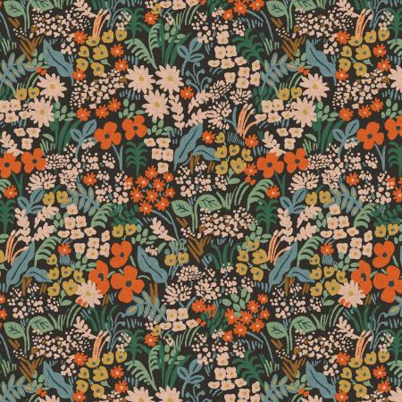 This gorgeous canvas is covered in flowers with some gold accents. Black background and natural canvas on wrong side. Super soft hand and sturdy weight.  100% Cotton, 44/5"